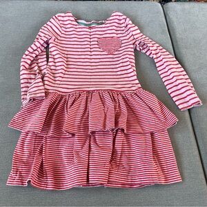 Mini Boden Girls 6/7 Pink Striped Tiered Ruffle Dress Heart Valentines Lovecore